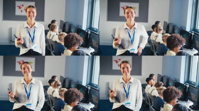在信息技术课上，微笑的女中学老师与学生在电脑前的合影