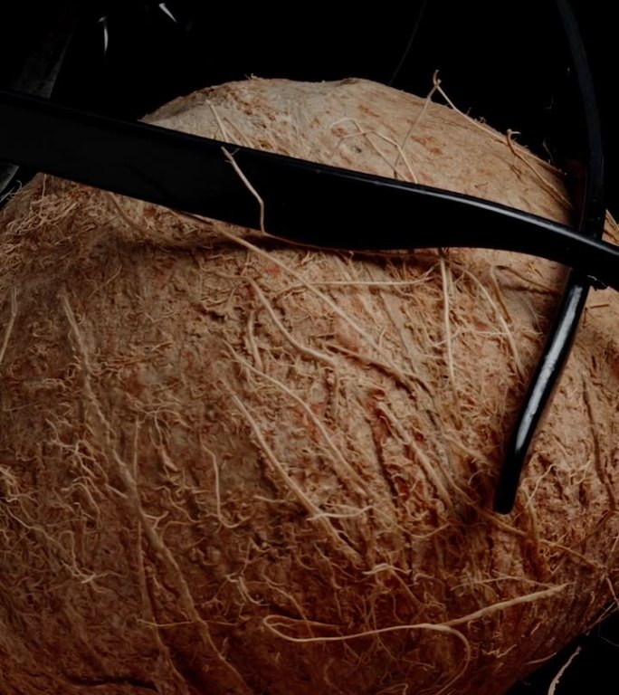 垂直视频。太阳眼镜戴在椰子上，一个旅游休闲的概念，在黑色背景上旋转。孤立。
