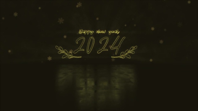 2024新年快乐彩色辉光霓虹激光文字动画闪烁故障效果与辉光雪花粒子电影标题在黑色抽象背景