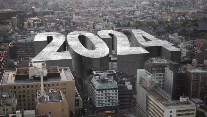 欢迎来到2024年。这座巨大的2024年建筑以宏伟的风格耸立在城市上空。三维渲染