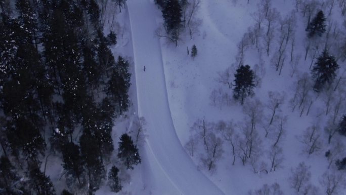 航拍长白山雪道单板滑雪