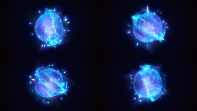 能量蓝色发光的宇宙魔法球，充满未来感的高科技圆球，明亮的原子电力，背景