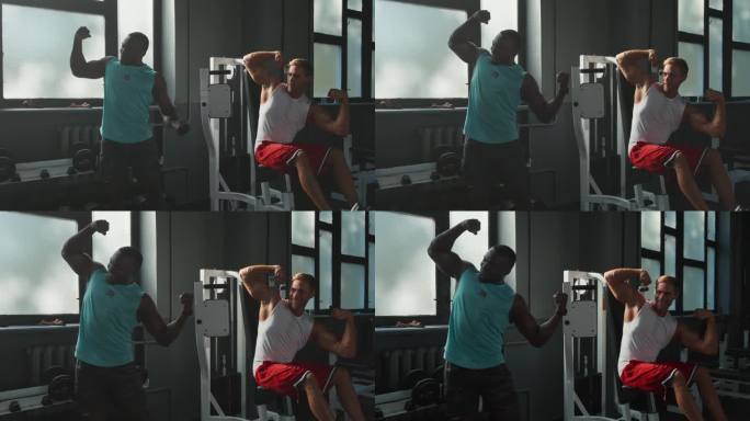 肌肉发达的男性会绷紧肱三头肌，显示手臂的力量
