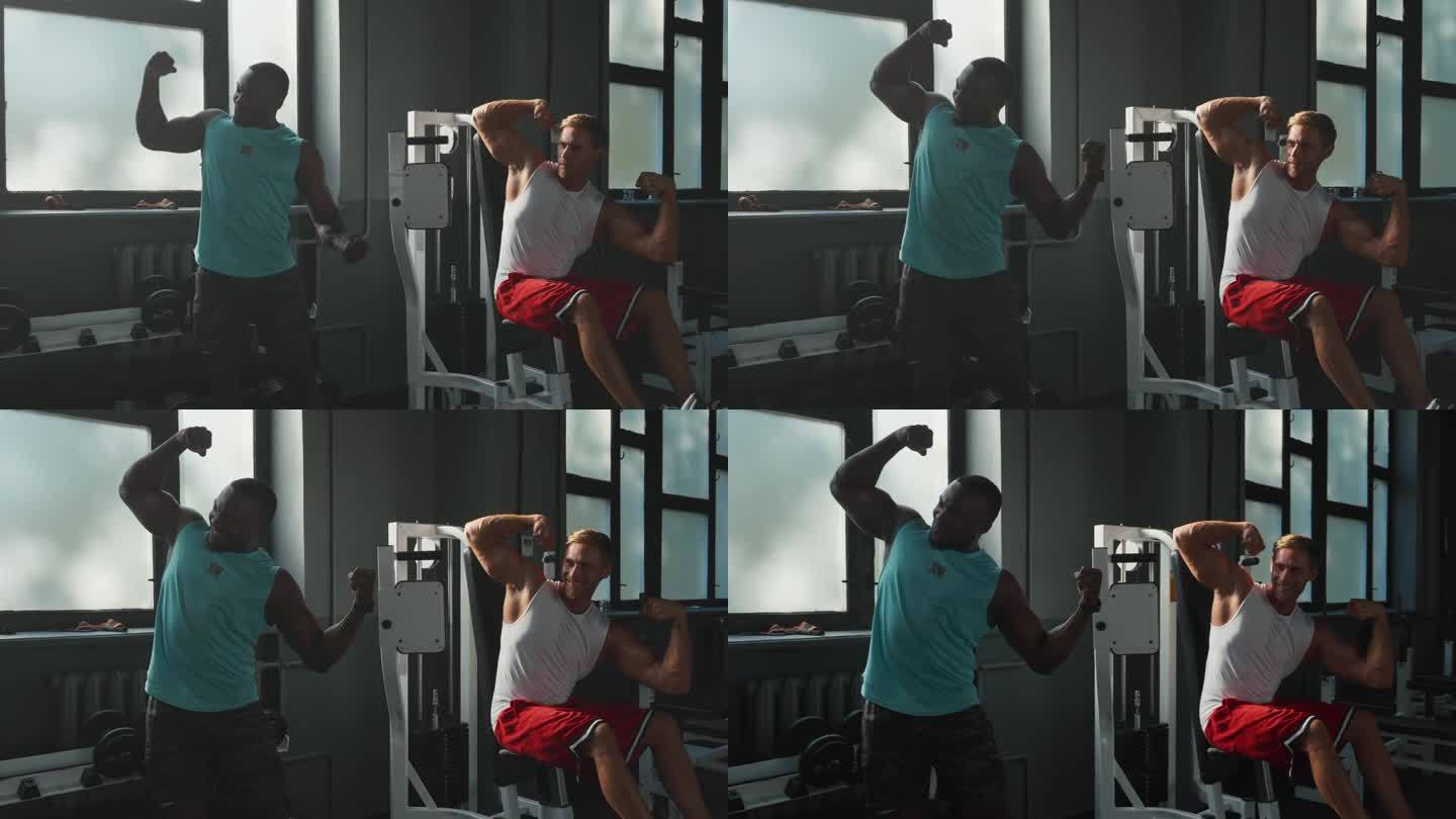 肌肉发达的男性会绷紧肱三头肌，显示手臂的力量