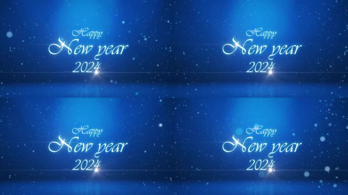 圆形动画蓝色圣诞抽象背景飘落雪花形状，新年快乐2024与文字