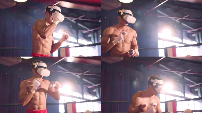 亚洲运动员使用创新技术VR眼镜进行锻炼。有魅力的年轻人戴着虚拟现实耳机，拿着游戏控制器，在体育馆做拳