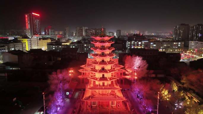 航拍张掖甘州古塔钟鼓楼镇远楼夜景