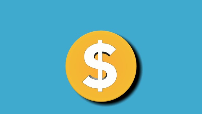 下落和弹跳美元硬币的钱动画标志符号运动图形在蓝色背景。视频元素经营理念