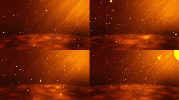 抽象的橙色粒子背景。美丽的发光粒子，雨滴般的圆点。粒子从地板上落下并反弹。美丽的散景。聚光灯或光线无