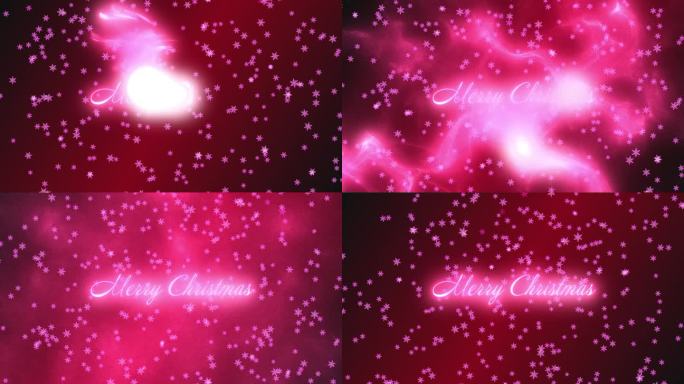 圣诞快乐问候文字和粉红色的彩色粒子，而发光的粉红色雪花从上到下落在红色梯度背景。运动图形。抽象的背景