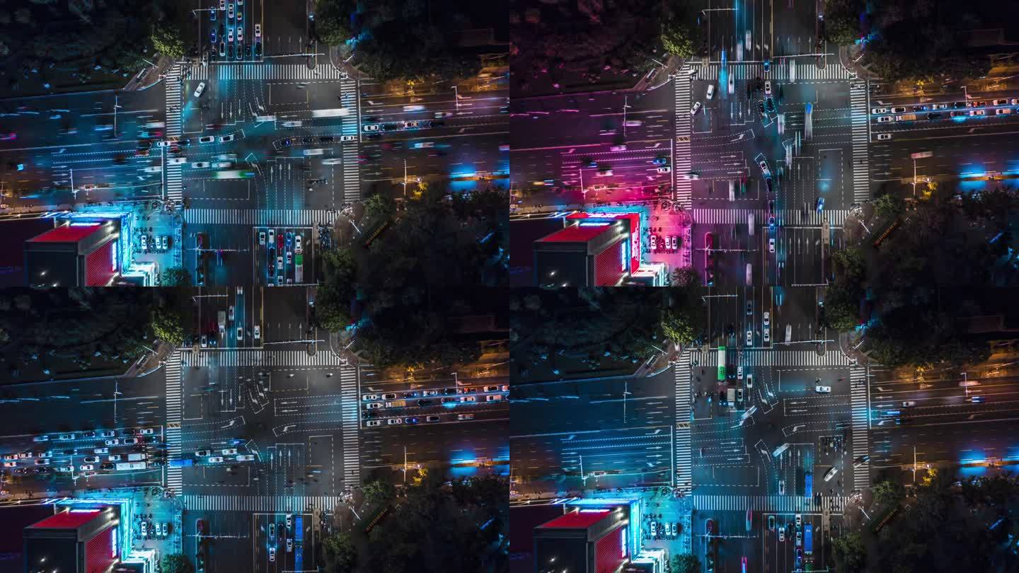 夜间十字路口和城市交通的T/L无人机视角