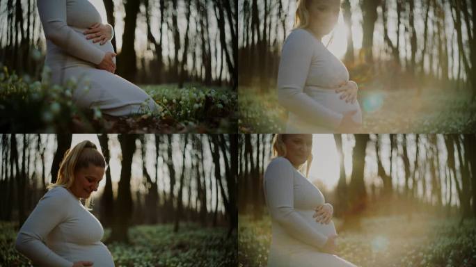 快乐的孕妇抱着肚子在阳光明媚的春天的树林里