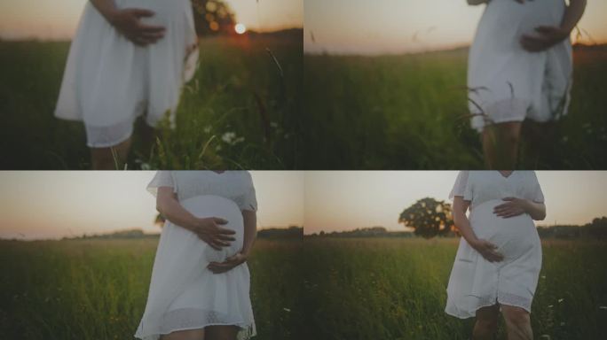 身着白色连衣裙的孕妇走在田园诗般的乡村田野里