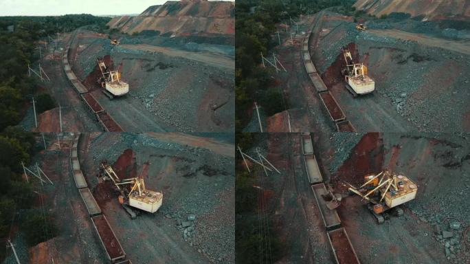 挖掘机采石场装载列车铁矿行业采矿。