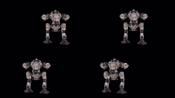 机器人的3D模型，战士的未来主义机器渲染动画，操纵骨骼结构，行走右正面视图，覆盖与阿尔法哑光通道，科
