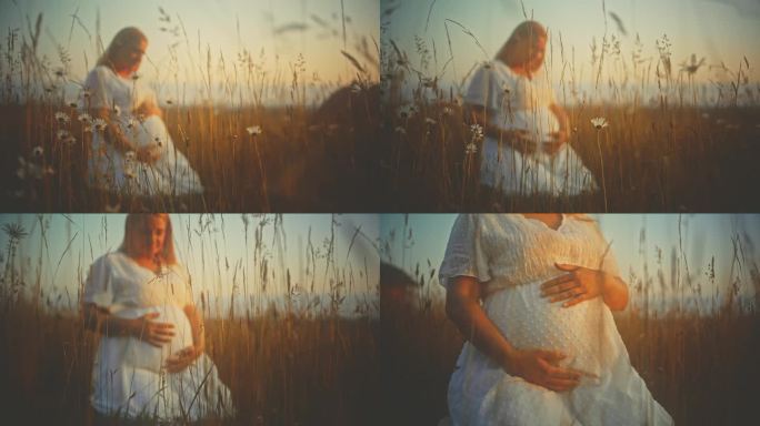 身着白衣的孕妇捧着雏菊坐在田野里