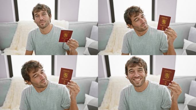一个自信的年轻人，笑容中洋溢着喜悦，悠闲地坐在家里的沙发上，手里拿着护照，拿着通往下一个冒险的通行证