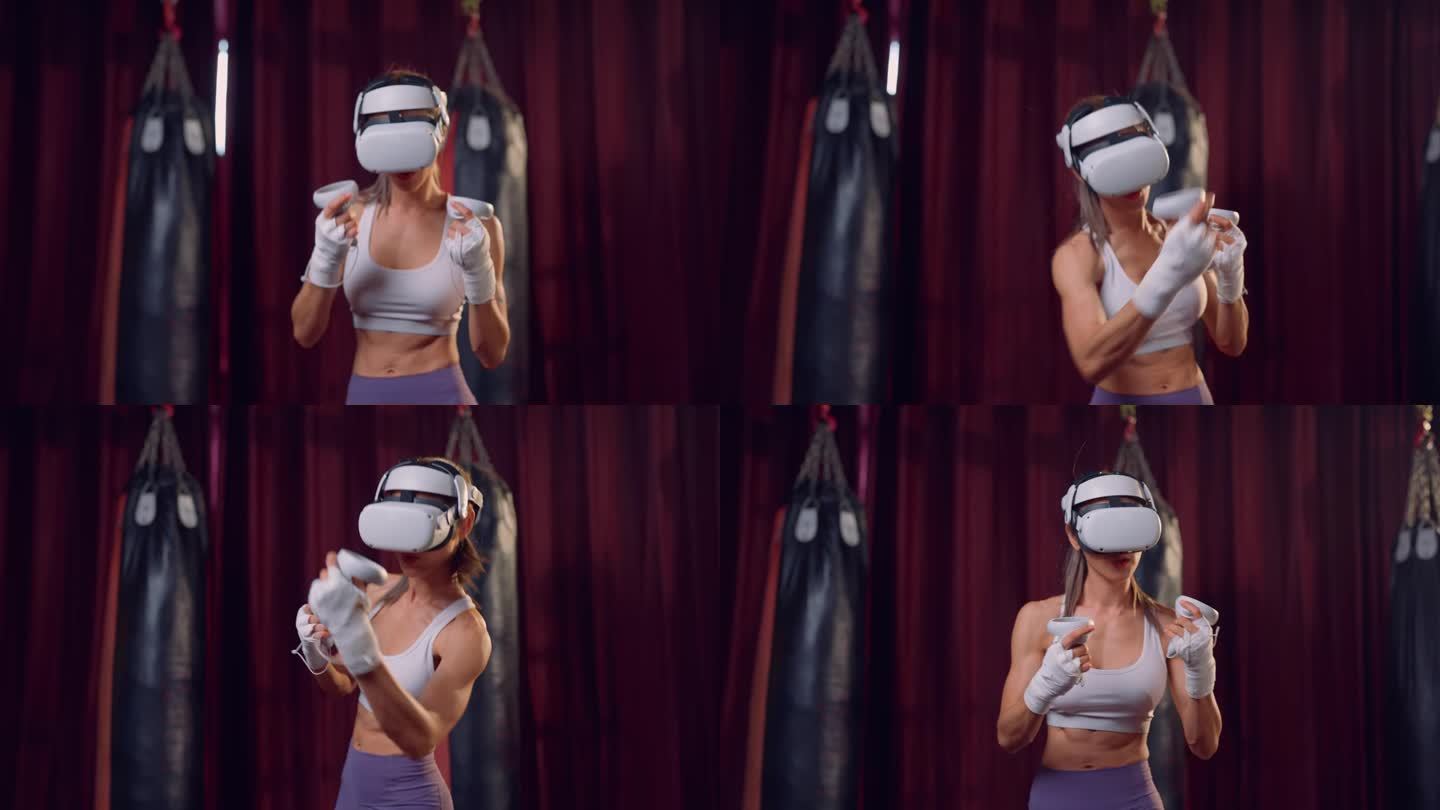 亚洲女运动员使用创新技术VR眼镜进行锻炼。迷人的年轻女孩戴着虚拟现实耳机，拿着游戏控制器，在家里做拳