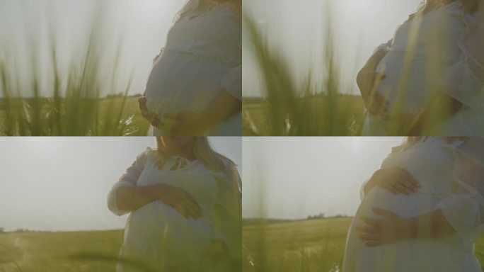 特写:一位身穿白色连衣裙的孕妇在田野里揉着肚子