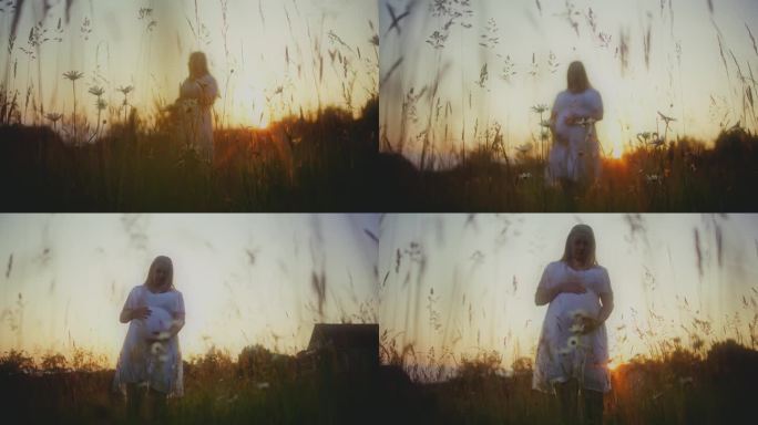 日出时分，身着白衣的孕妇走在乡间的草丛中