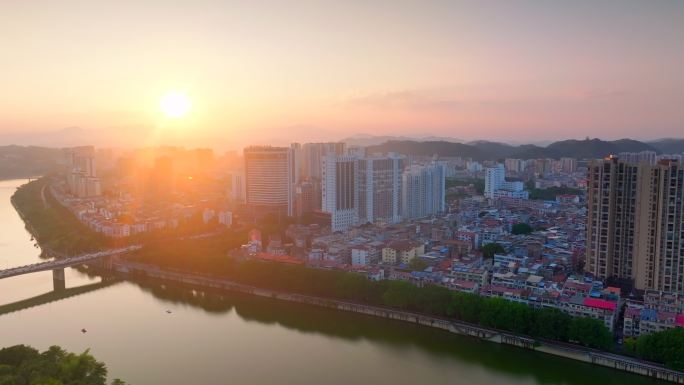 唯美百色市城市风光夕阳黄昏航拍一镜到底A