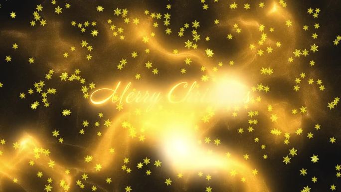 圣诞快乐问候文字与金色的粒子，而发光的金色雪花从上到下落在黑色的背景。运动图形。