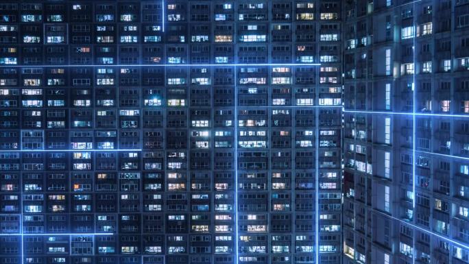 T/L TU智慧城市与超宇宙概念，住宅建筑夜景鸟瞰图