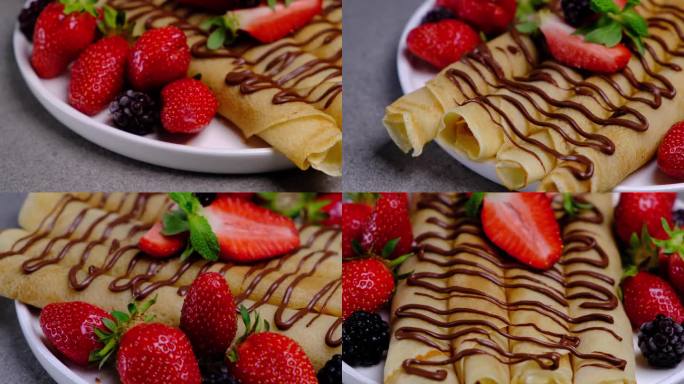 巧克力，草莓和黑莓旋转可丽饼卷