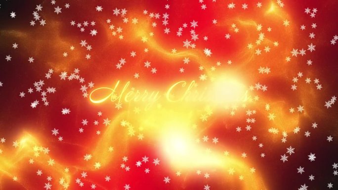 圣诞快乐问候文字与金色的粒子，而发光的白色或银色雪花从上到下落在红色的背景。运动图形。