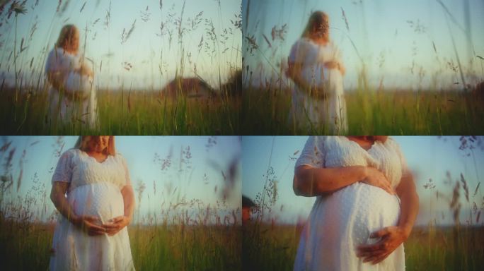 身着白色连衣裙的孕妇站在田园诗般的乡村田野里