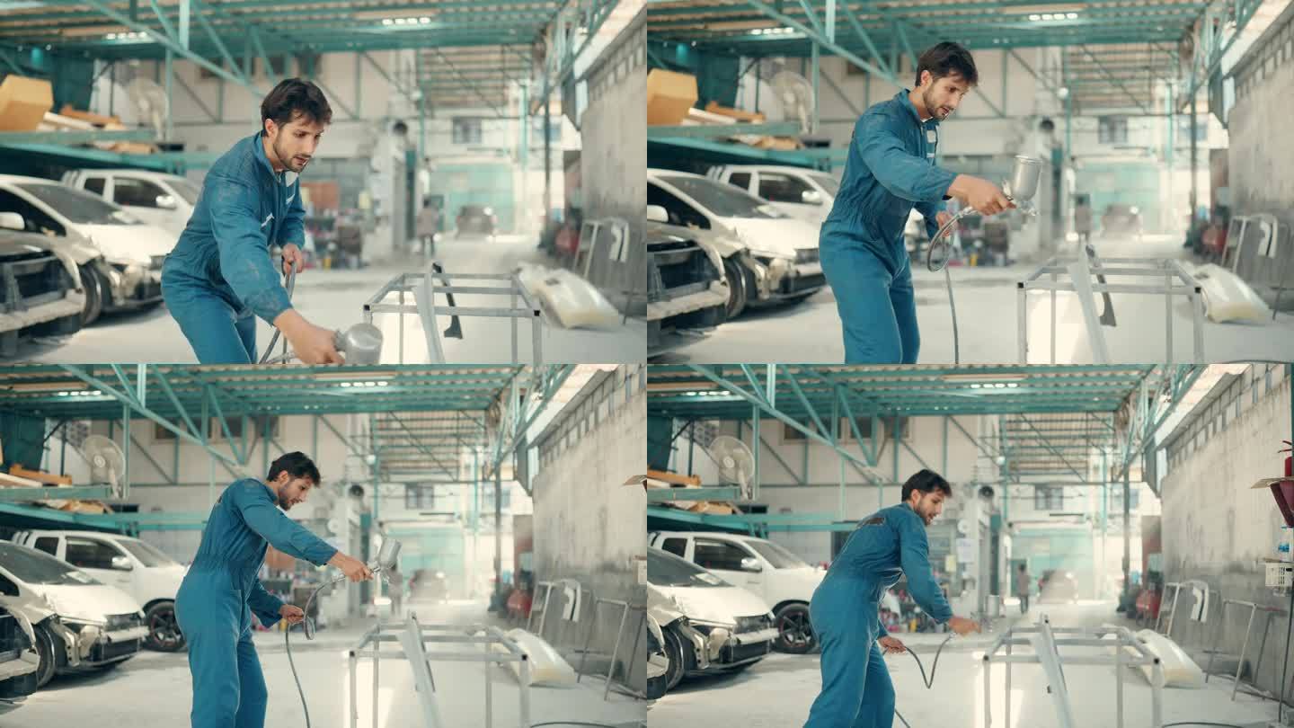 拉丁男技师在汽车修理厂熟练地用喷雾压缩机喷涂汽车零件。