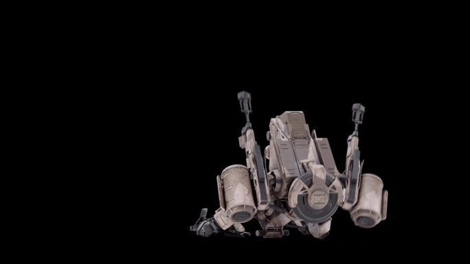 详细的3D模型的机器人死背背侧侧面视图，战士未来机器渲染动画，操纵的骨骼结构，叠加为阿尔法哑光通道混
