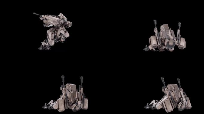 详细的3D模型的机器人死背背侧侧面视图，战士未来机器渲染动画，操纵的骨骼结构，叠加为阿尔法哑光通道混