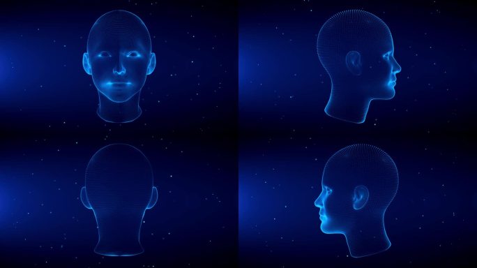 蓝色闪耀人类女性头部解剖线框全息图扫描效果与光耀斑闪烁粒子3d旋转