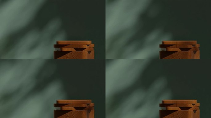 木材纹理讲台无缝阴影动画循环与绿色墙壁背景，渲染3d素材空白模型