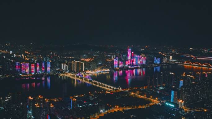4k长沙湘江银盆岭大桥夜景航拍