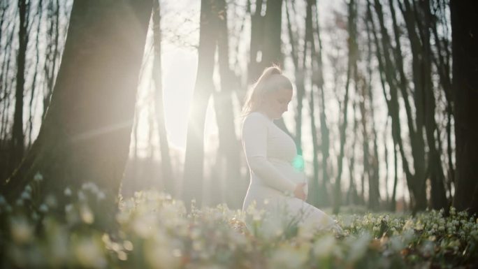 在阳光明媚的春日树林里抱着肚子的孕妇