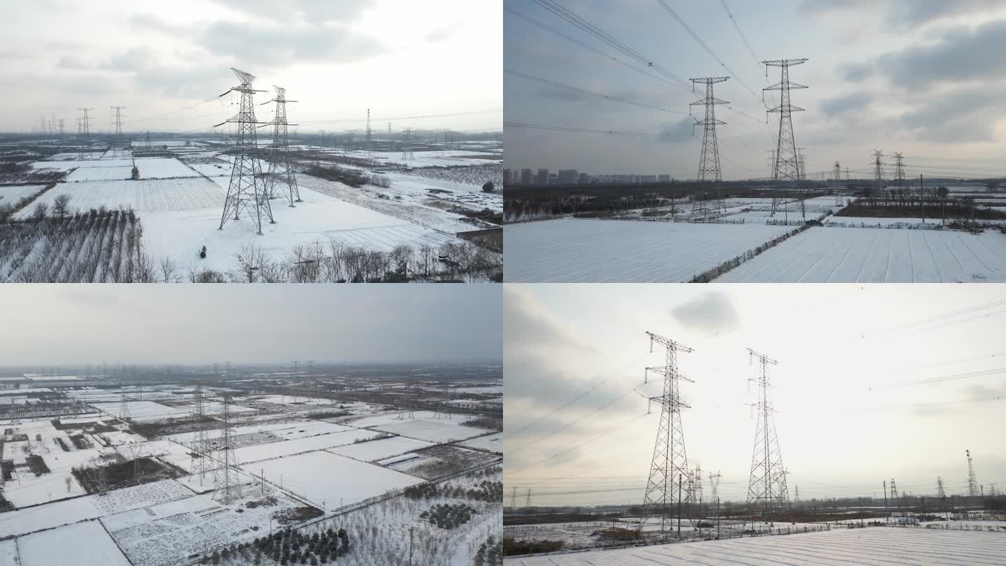 下雪天高压电传输电塔高压电塔国家电网