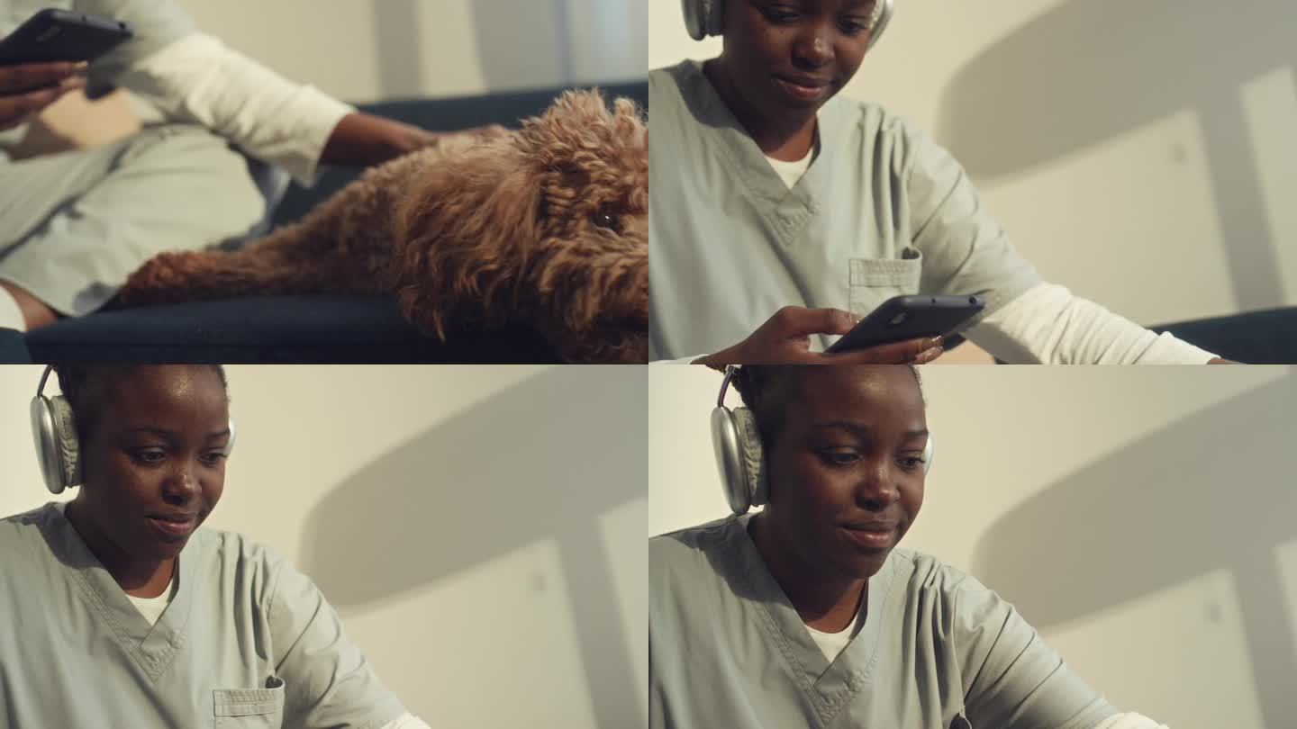 黑人女护士在家放松，听音乐，养宠物狗