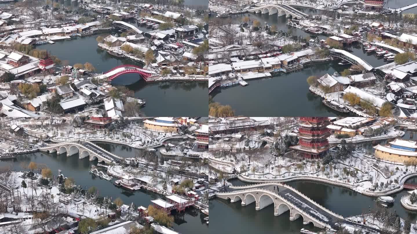 开封地标雪景开封清明上河园雪景航拍