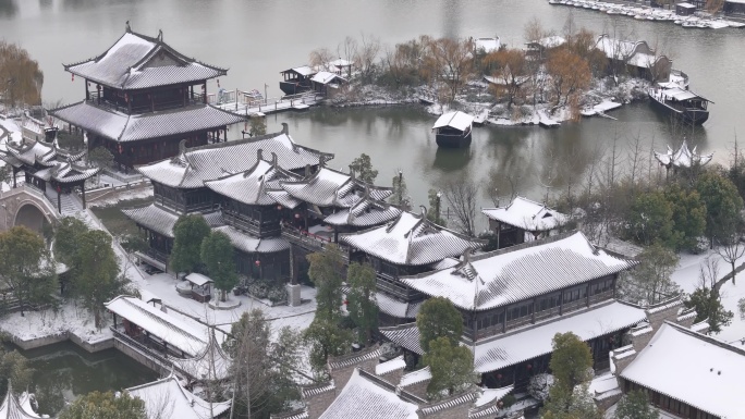 开封地标雪景开封朱仙镇启封故园雪景航拍