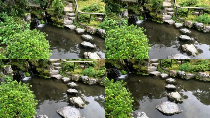 日本奈良美丽的日式花园;铺有垫脚石的锦鲤鱼塘;宁静的禅宗氛围。
