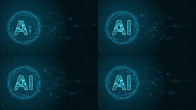 蓝色数字AI字母和圆形未来主义HUD元素，带有流动的箭头，AI聊天机器人和机器学习技术以及AI辅助概