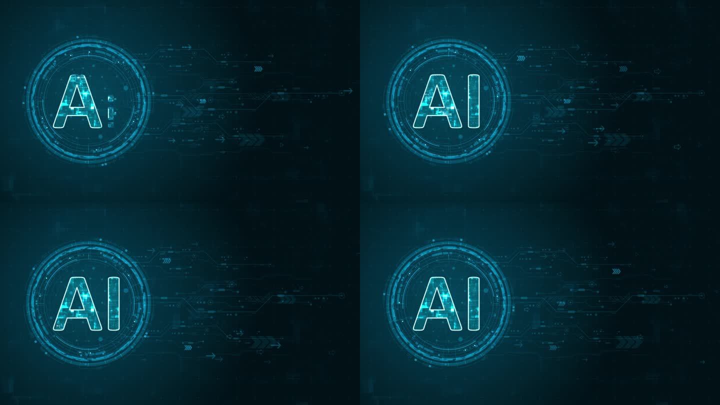 蓝色数字AI字母和圆形未来主义HUD元素，带有流动的箭头，AI聊天机器人和机器学习技术以及AI辅助概