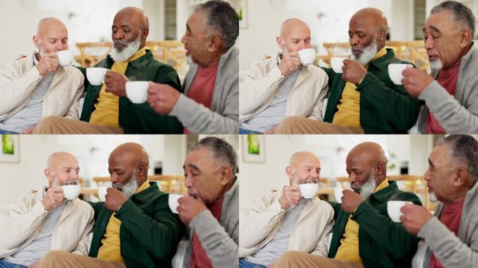 男人，咖啡或退休的老朋友，讨论或交谈，以获得支持或联系在一起。面带微笑，成熟的人或老人在家里聊天或回