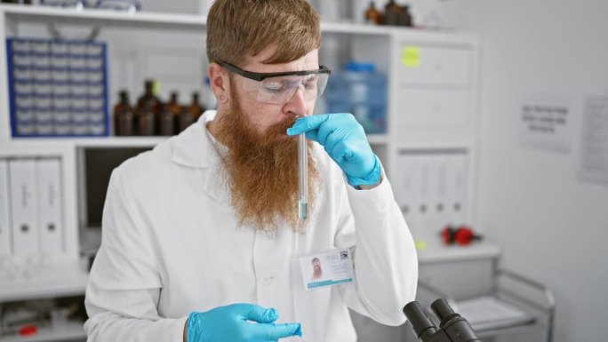 英俊的爱尔兰红发男子在实验室工作，年轻的科学家戴着安全眼镜和手套测量试管中的液体，专注于室内的医学研