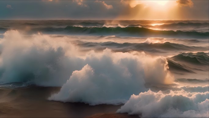 夕阳下海浪 海浪翻滚波涛汹涌的浪花多镜头