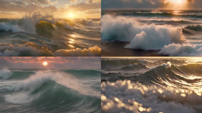 夕阳下海浪 海浪翻滚波涛汹涌的浪花多镜头