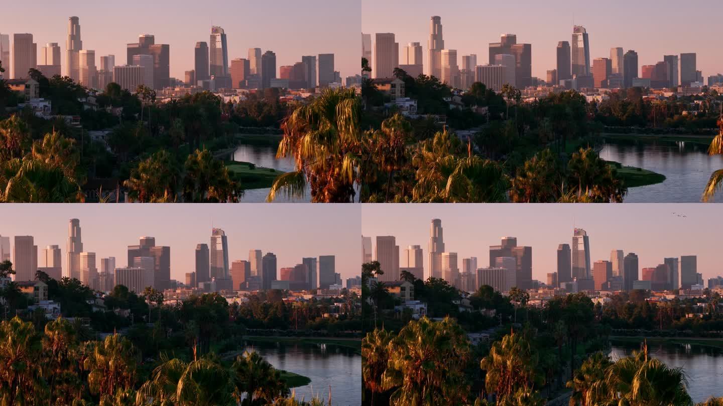 加州洛杉矶市中心通透夕阳日照金山