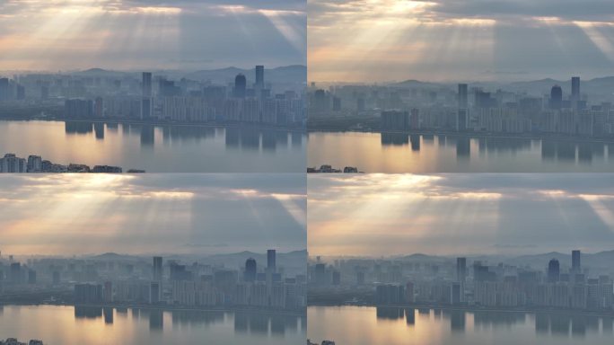 杭州 钱江新城 烟雨江南城市风景丁达尔光